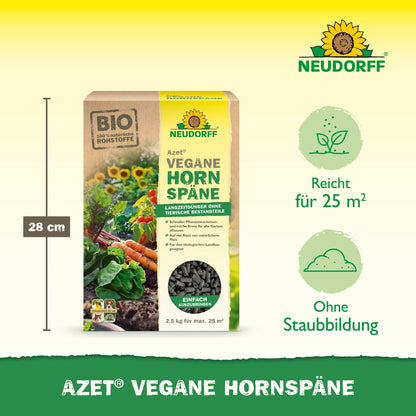 Um saco de 2,5 kg de Azet Vegane Hornspäne da Neudorff Shop é apresentado, com ícones para alcance de 25 m², aplicação sem poeira e 28 cm de altura - perfeito para crescimento sustentável das plantas e uma colheita abundante.