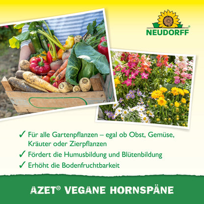 Uma caixa de madeira com legumes está ao lado de um canteiro de flores colorido. O texto destaca como Azet Vegane Hornspäne da Neudorff Shop, um fertilizante orgânico, apoia o crescimento saudável das plantas e altos rendimentos.