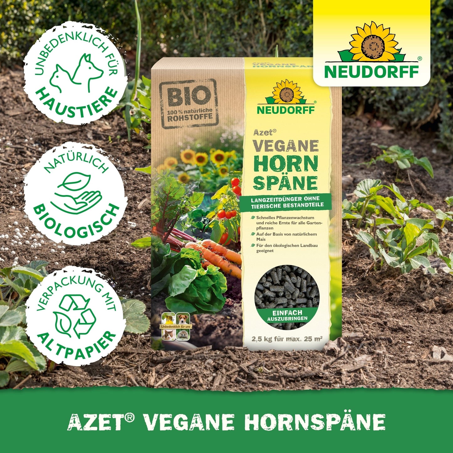 Uma caixa de Azet Vegane Hornspäne da Neudorff Shop é mostrada em uma horta. Os símbolos indicam que é amigável aos animais, natural, biológico e embalado em papel reciclado, promovendo um crescimento saudável das plantas.