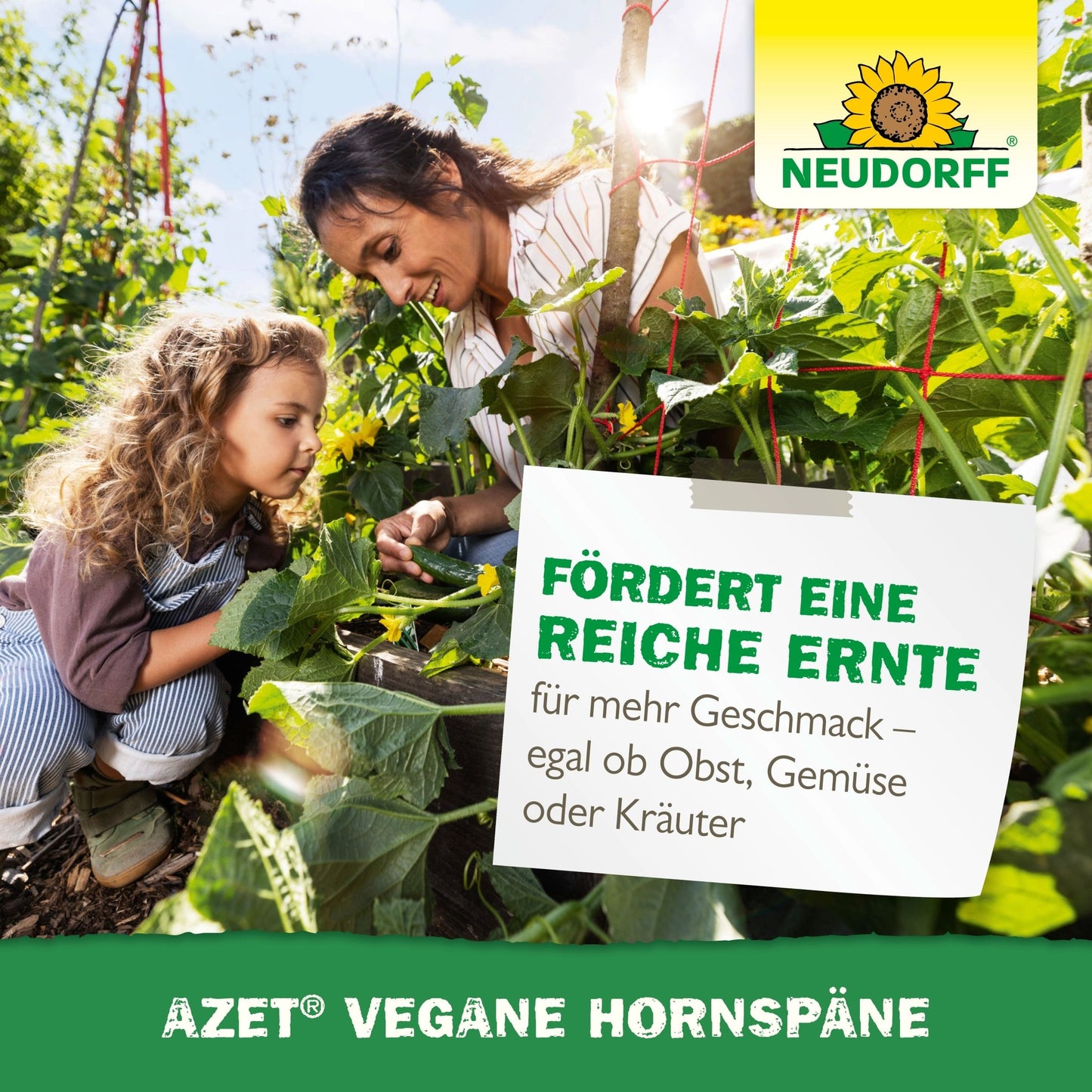Um adulto e uma criança jardinam entre plantas verdes. Uma placa com texto em alemão promove Azet Vegane Hornspäne da Neudorff Shop para colheitas abundantes de frutas, legumes ou ervas. O logotipo da Neudorff está no canto superior direito.