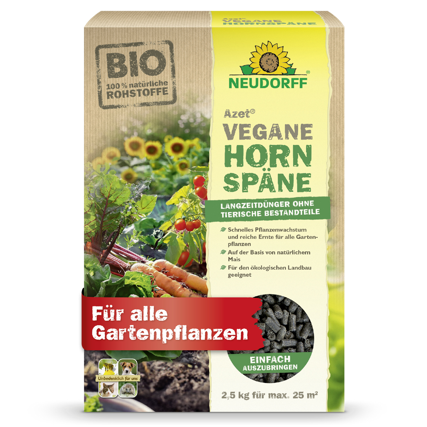 Uma embalagem de 2,5 kg de Azet Vegane Hornspäne da Neudorff Shop mostra legumes e pellets na embalagem e destaca como fertilizante vegano e orgânico colheitas abundantes e crescimento saudável para plantas de jardim.