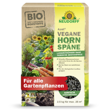 Uma embalagem de 2,5 kg de Azet Vegane Hornspäne da Neudorff Shop mostra legumes e pellets na embalagem e destaca como fertilizante vegano e orgânico colheitas abundantes e crescimento saudável para plantas de jardim.
