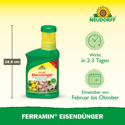 Uma garrafa verde de 18,8 cm de Fertilizante de Ferro Ferramin do Neudorff Shop está sobre um fundo amarelo-verde. O rótulo mostra plantas saudáveis e refere efeitos visíveis em 2-3 dias quando usado de fevereiro a outubro, ideal para prevenir a deficiência de nitrogênio.
