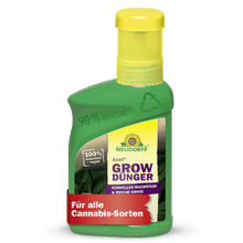 Uma garrafa de plástico verde Neudorff Shop Azet GrowDünger com uma tampa amarela; no rótulo diz que é 90% reciclada, vegana, 100% natural e perfeita para o cultivo de cannabis e todas as variedades de cannabis.