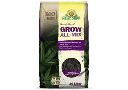 Um saco de 20 litros de NeudoHum Grow All-Mix da Neudorff Shop em embalagem marrom-roxa com etiquetas "BIO" e "sem turfa", desenvolvido para cultivo de cannabis e uma floração saudável.