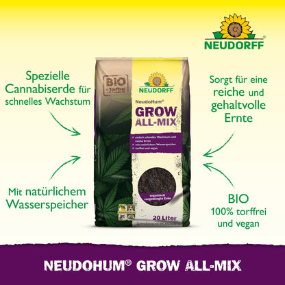 Mostrado está um saco de 20 litros de Neudorff Shop NeudoHum Grow All-Mix com setas verdes e texto em alemão, destacando características como formação rápida de flores, retenção natural de água, colheita rica, além de ser orgânico e vegano.