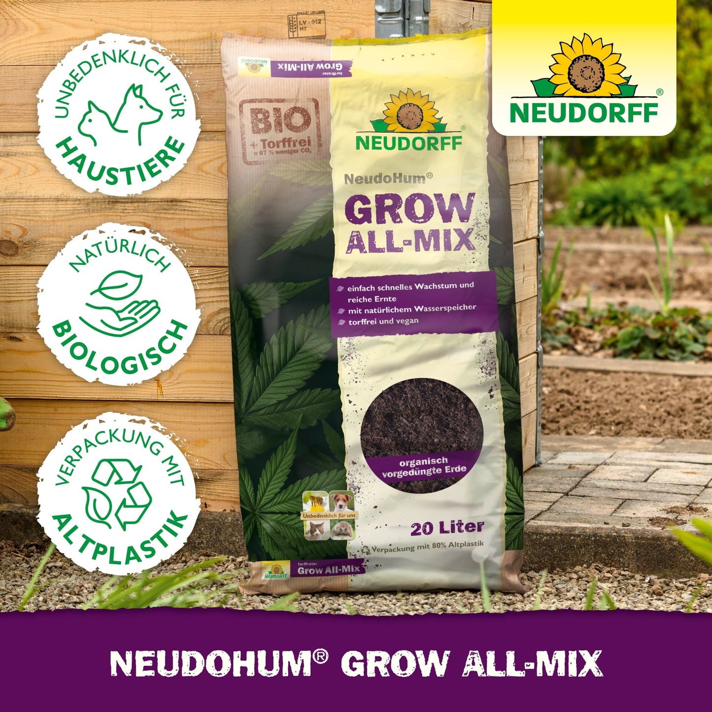 Um saco de 20 litros de NeudoHum Grow All-Mix da Neudorff Shop é mostrado ao ar livre. A embalagem destaca a segurança para animais de estimação, ingredientes biológicos e plástico reciclado, tornando-o ideal para cultivo de cannabis e apoiando uma floração saudável.