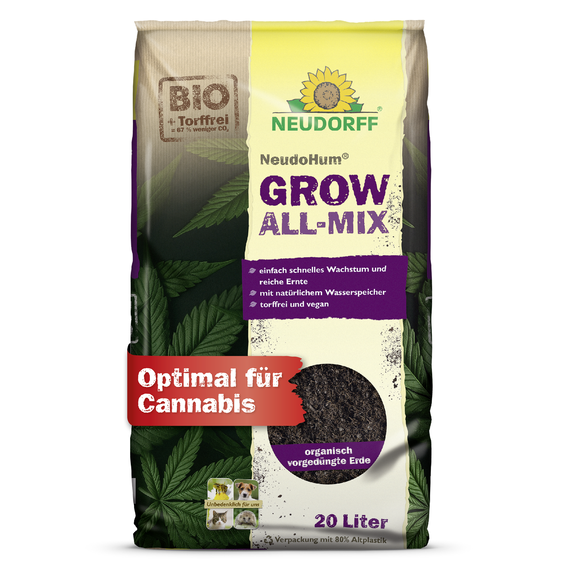 Ein 20-Liter-Sack Neudorff Shop NeudoHum Grow All-Mix-Erde ist in einer braunen, lila und gelben Verpackung mit der Aufschrift "Optimal für Cannabis" abgebildet, die schnelles Wachstum, organische Mischung und verbesserte Blütenbildung mit Cannabisblättern hervorhebt.