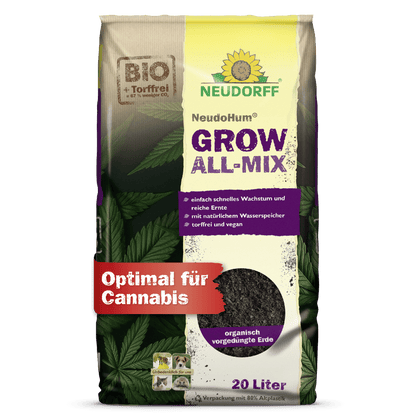 Um saco de 20 litros de Neudorff Shop NeudoHum Grow All-Mix-Erde é mostrado em uma embalagem marrom, roxa e amarela com a inscrição "Ótimo para Cannabis", destacando crescimento rápido, mistura orgânica e melhor formação de flores com folhas de cannabis.