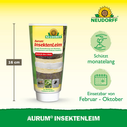 É ilustrado um tubo de 16 cm de Neudorff Shop Aurum InsektenLeim. A embalagem destaca a proteção duradoura de árvores frutíferas contra pragas como a lagarta e formigas, que pode ser aplicada de fevereiro a outubro, enquanto símbolos verdes indicam a eficácia.