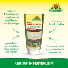 Um tubo de Aurum InsektenLeim da Neudorff Shop está em pé e traz um texto em alemão sobre a proteção de árvores frutíferas contra formigas e fêmeas de traça de inverno. No fundo verde-amarelo, o logotipo da Neudorff é visível na parte superior.