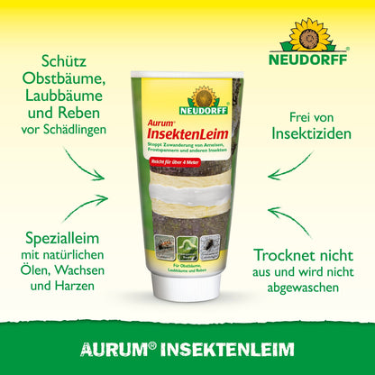 Um tubo de Aurum InsektenLeim da Neudorff Shop está em pé e traz um texto em alemão sobre a proteção de árvores frutíferas contra formigas e fêmeas de traça de inverno. No fundo verde-amarelo, o logotipo da Neudorff é visível na parte superior.