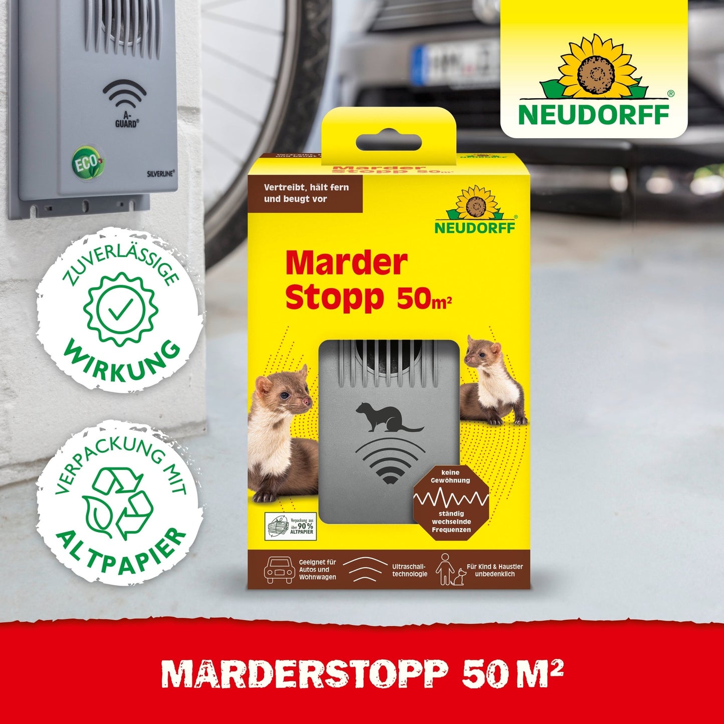 É mostrada uma embalagem Neudorff Shop MarderStopp 50m2, equipada com um dispositivo eletrônico com tecnologia de ultrassom para defesa contra martas, bem como com pictogramas para um efeito confiável e uma embalagem feita de papel reciclado.