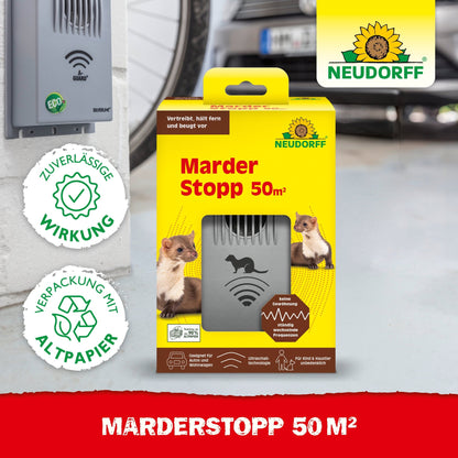 É mostrada uma embalagem Neudorff Shop MarderStopp 50m2, equipada com um dispositivo eletrônico com tecnologia de ultrassom para defesa contra martas, bem como com pictogramas para um efeito confiável e uma embalagem feita de papel reciclado.