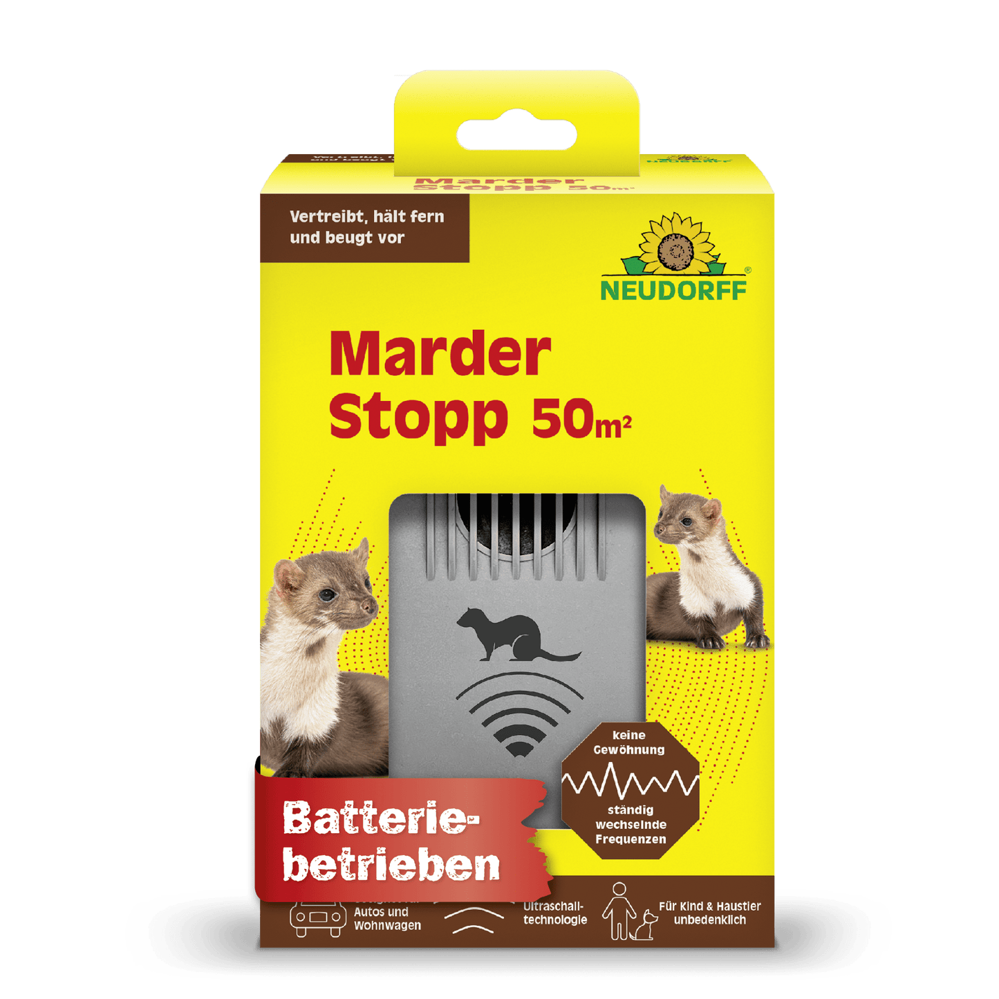 Uma caixa amarelo-verde Neudorff Shop MarderStopp 50m² mostra marta, texto do produto alemão e um dispositivo cinza de bateria em uma janela frontal. Ícones destacam características como tecnologia de ultrassom para proteção eficaz de cabos.