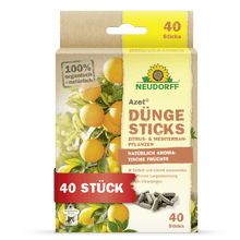 Azet Düngesticks para plantas cítricas e mediterrâneas da loja Neudorff são bastões de fertilizante orgânico para vasos cítricos e mediterrâneos, ideal para varanda e terraço. A caixa mostra limões e contém 40 bastões cinzas.