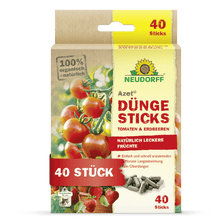 A loja Neudorff Azet Düngesticks para Tomates & Morangos é um produto 100% biológico e natural com 40 sticks em uma caixa retangular, decorada com motivos de tomates e morangos.