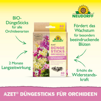 Caixa com Azet Düngesticks para orquídeas da Neudorff Shop com informações do produto em alemão, imagens de flores exóticas e texto em verde que destaca os benefícios: promoção do crescimento, efeito duradouro e resistência melhorada.
