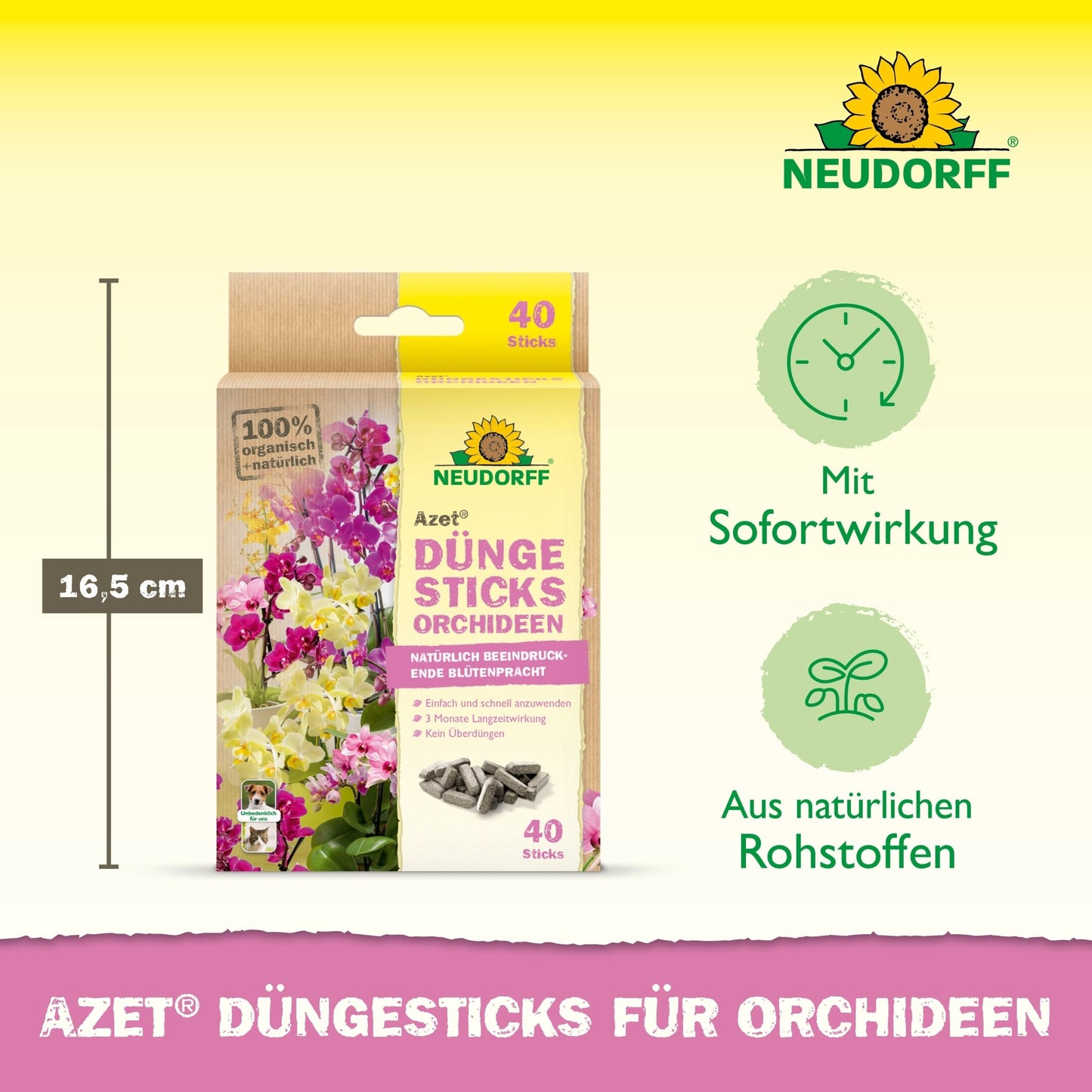 Mostrada está uma embalagem de Azet Düngesticks para orquídeas da Neudorff Shop com 40 sticks, efeito imediato, ingredientes naturais e 16,5 cm de altura. Flores exóticas e os sticks também são visíveis.
