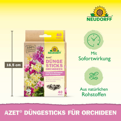 Mostrada está uma embalagem de Azet Düngesticks para orquídeas da Neudorff Shop com 40 sticks, efeito imediato, ingredientes naturais e 16,5 cm de altura. Flores exóticas e os sticks também são visíveis.