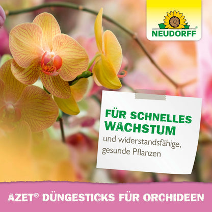 Um close-up de flores de orquídeas amarelas e rosa com o logotipo da Neudorff Shop e um texto que promove Azet Düngesticks para orquídeas para crescimento rápido e plantas saudáveis e resistentes. O fundo desfocado está em tons de verde e rosa.