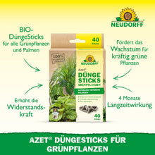 Na embalagem dos Azet Düngesticks para plantas verdes da Neudorff Shop estão escritos Depósito de Nutrientes, Ingredientes Biológicos, Efeito de Longa Duração e vantagens como Apoio ao Crescimento Saudável - tudo em escrita alemã.