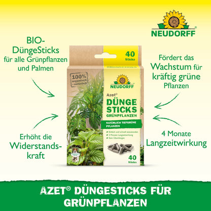 Na embalagem dos Azet Düngesticks para plantas verdes da Neudorff Shop estão escritos Depósito de Nutrientes, Ingredientes Biológicos, Efeito de Longa Duração e vantagens como Apoio ao Crescimento Saudável - tudo em escrita alemã.