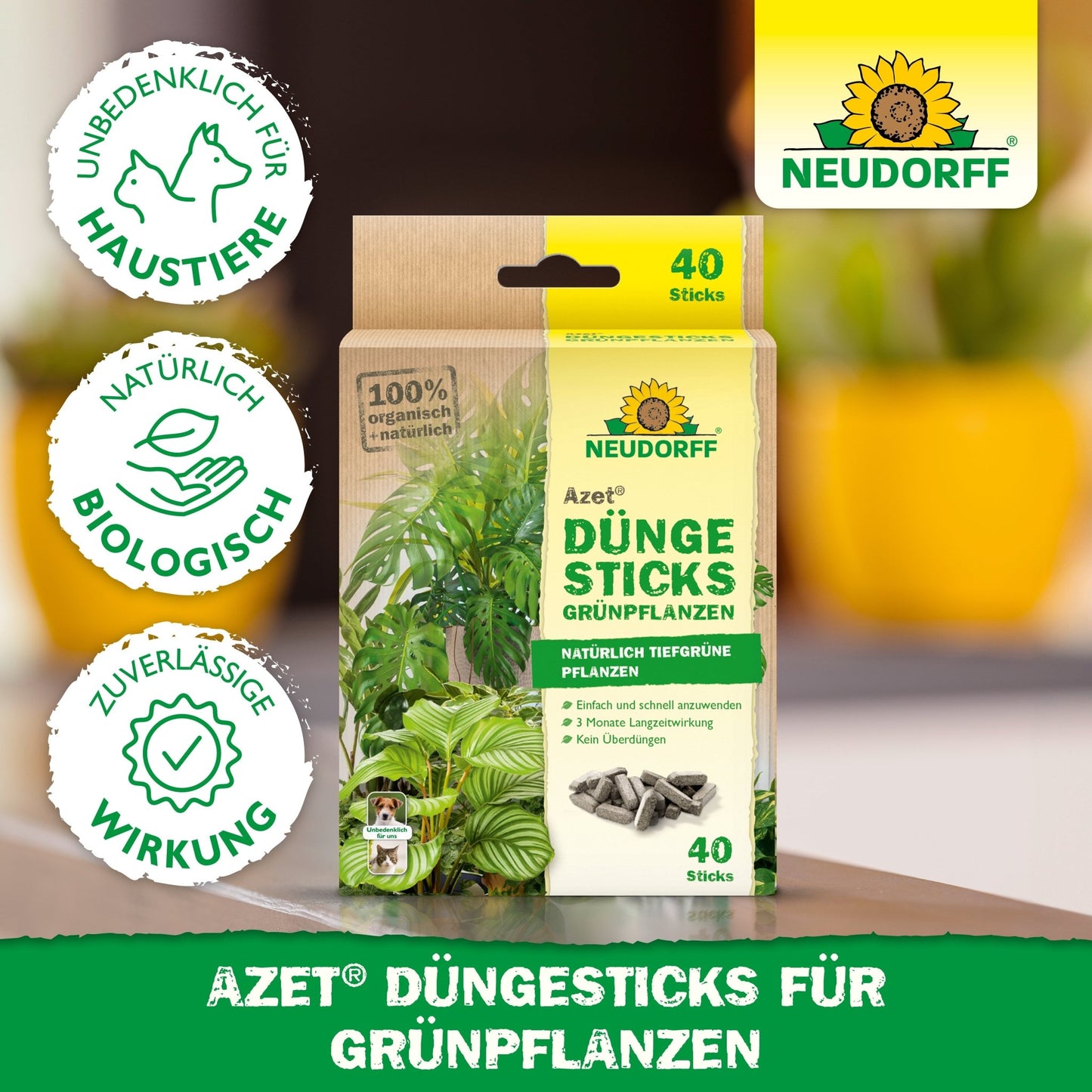 É mostrada uma embalagem de Azet Düngesticks para plantas verdes da Neudorff Shop com as informações 40 Sticks, Depósito de Nutrientes, Proteção Animal, Ingredientes Naturais e Efeito Confiável. A imagem mostra folhas verdes e símbolos de certificação.