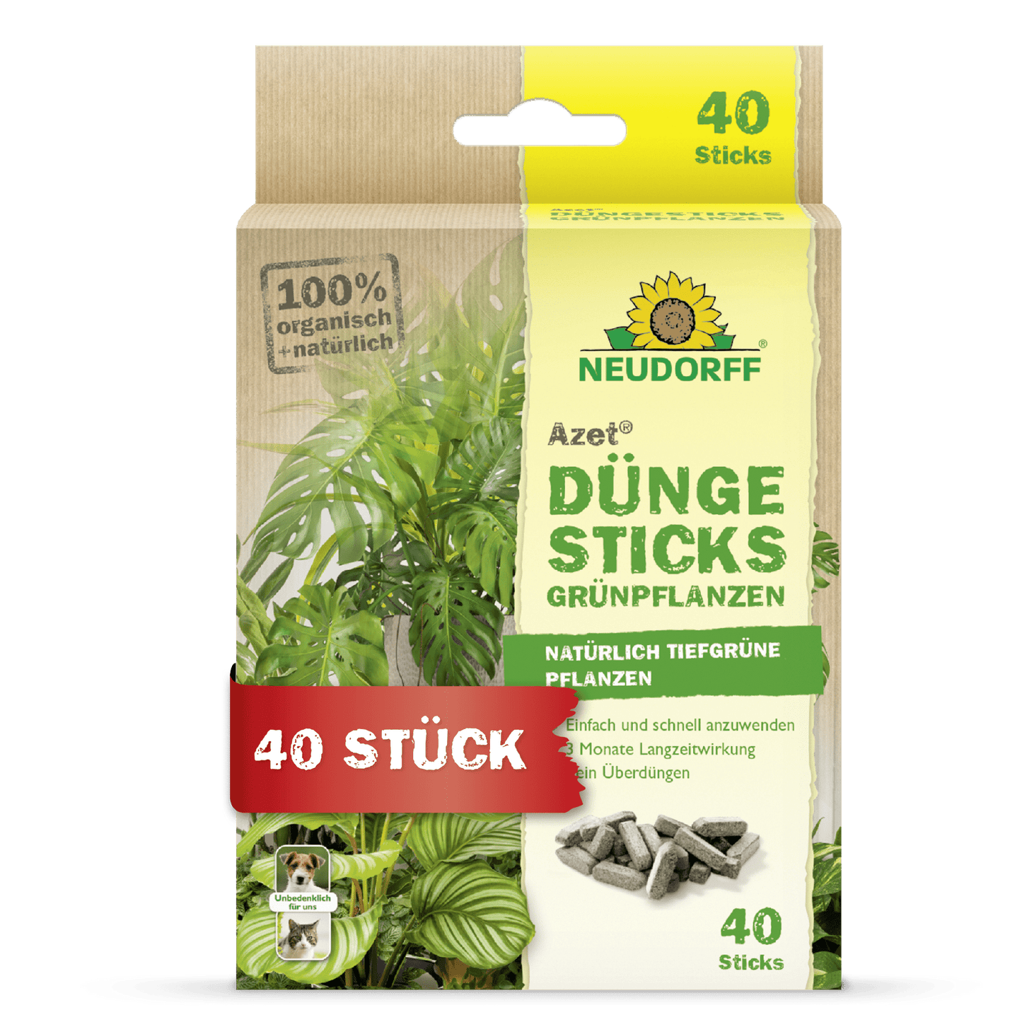 Os Azet Düngesticks para plantas verdes da Neudorff Shop são entregues numa caixa com uma imagem de planta, uma informação sobre o produto e uma etiqueta "40 Peças". A embalagem destaca os ingredientes 100% biológicos, naturais e a tecnologia de depósito de nutrientes.