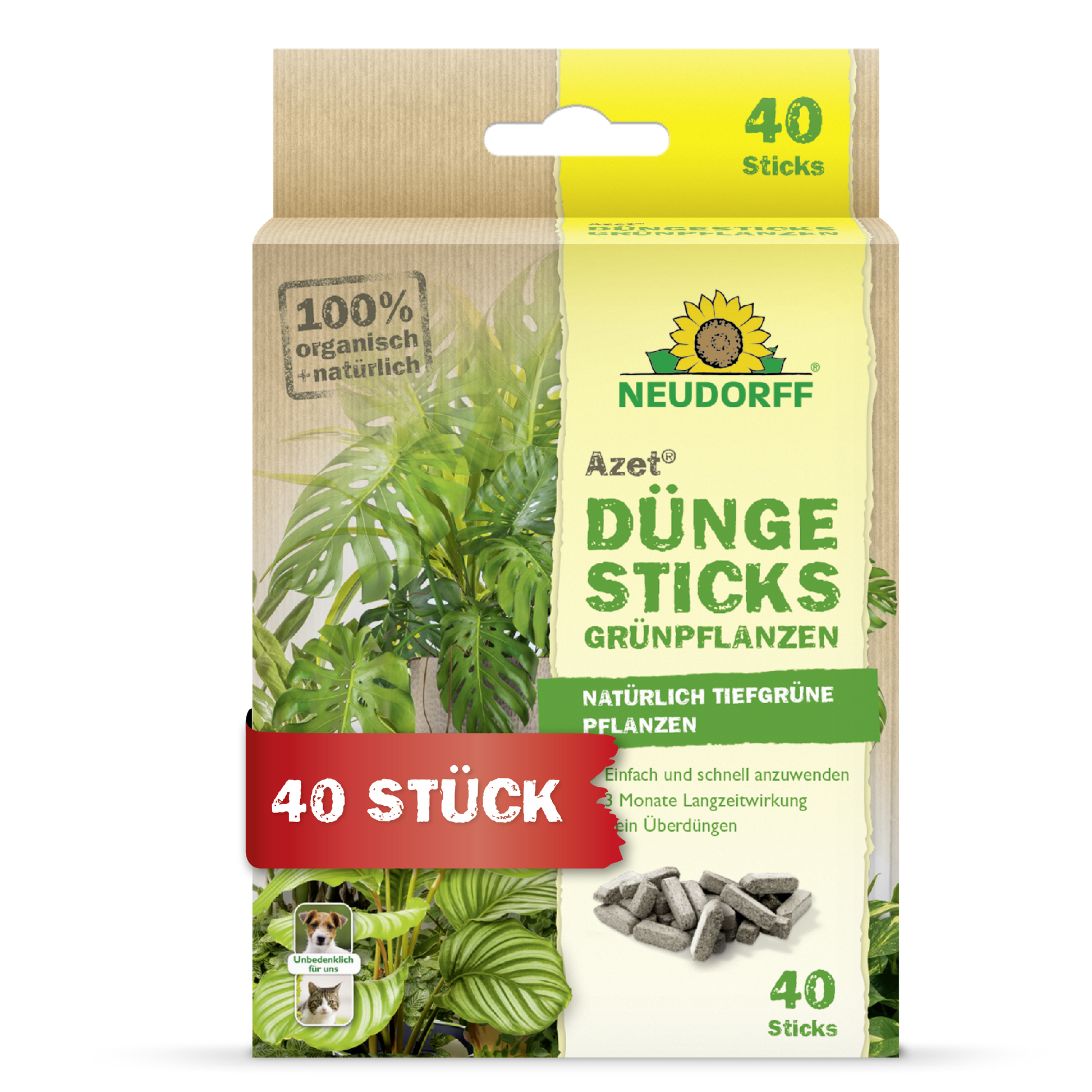 Die Azet Düngesticks für Grünpflanzen von Neudorff Shop werden in einer Schachtel mit einem Pflanzenbild, einer Produktinformation und einem "40 Stück"-Etikett geliefert. Die Verpackung hebt die 100% biologischen, natürlichen Inhaltsstoffe und die Nährstoffdepot-Technologie hervor.