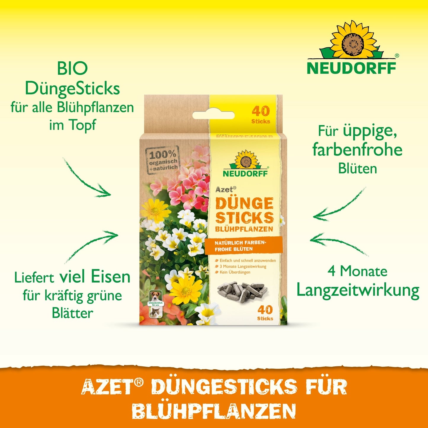 Uma caixa de Neudorff Shop Azet Düngesticks para plantas com flores é mostrada entre flores, com referências ao efeito de 4 meses, fornecimento de ferro, conteúdo orgânico e nutrição ideal para uma floração vibrante.
