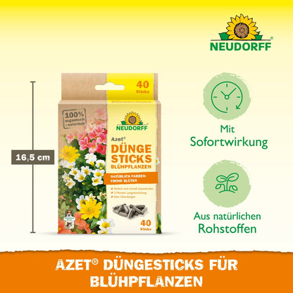 Uma caixa de papelão com Neudorff Shop Azet Düngesticks para plantas com flores (40 sticks) é mostrada ao lado de uma régua de 16,5 cm. A embalagem destaca o efeito imediato e os ingredientes naturais para plantas com flores.