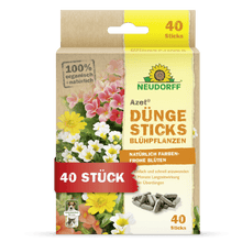 Vista frontal de uma caixa de Neudorff Shop Azet Düngesticks para plantas com flores com imagens de flores, informações do produto, uma etiqueta para 40 sticks e uma embalagem amarela com acentos verdes e vermelhos.