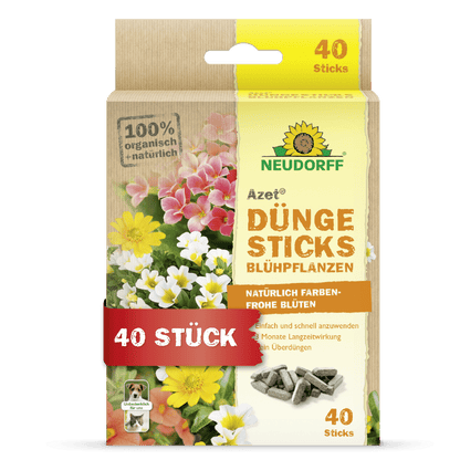 Vista frontal de uma caixa de Neudorff Shop Azet Düngesticks para plantas com flores com imagens de flores, informações do produto, uma etiqueta para 40 sticks e uma embalagem amarela com acentos verdes e vermelhos.