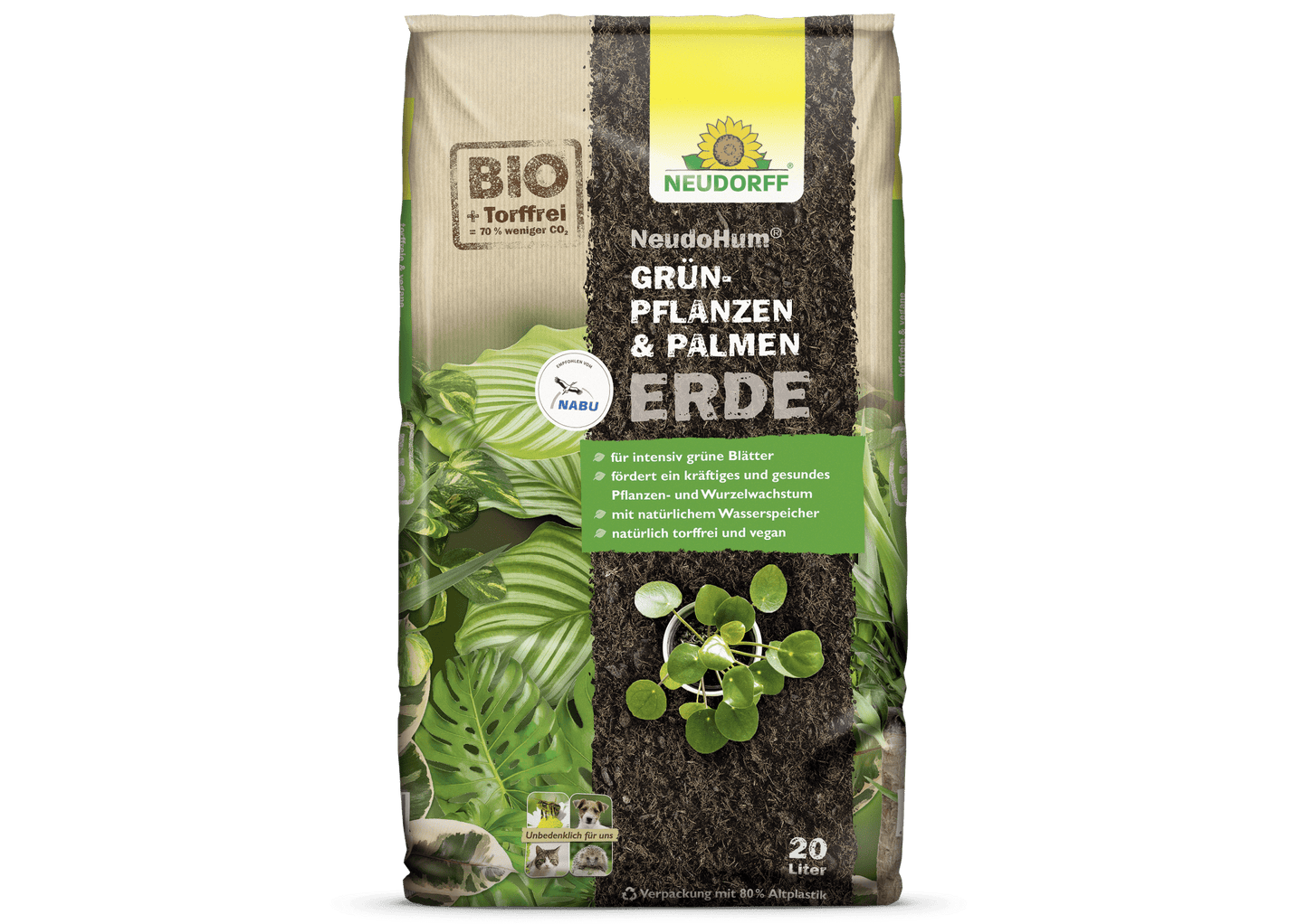 Um saco de 20 litros de NeudoHum Terra para Plantas Verdes & Palmeiras da loja Neudorff, ilustrado com folhas verdes e terra na embalagem, é biológico, sem turfa e oferece excelente retenção de água. O texto em alemão destaca a composição sustentável.