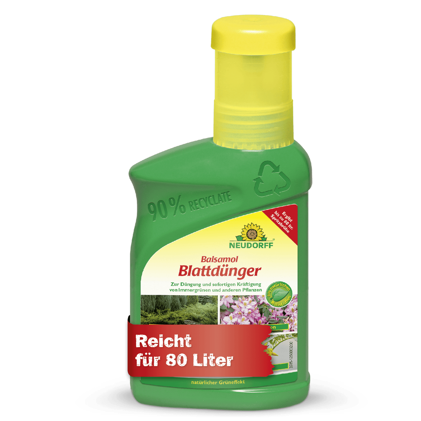 Uma garrafa de plástico verde do Neudorff Shop Balsamol Fertilizante Foliar com tampa amarela; adequado para 80 L, ideal para coníferas e plantas perenes, e fabricado com 90% de plástico reciclado.
