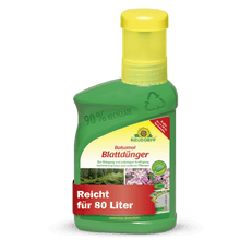 Uma garrafa de plástico verde do Neudorff Shop Balsamol Fertilizante Foliar com tampa amarela; adequado para 80 L, ideal para coníferas e plantas perenes, e fabricado com 90% de plástico reciclado.