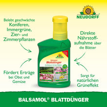 Uma garrafa verde de Neudorff Shop Balsamol Fertilizante Foliar está sobre um fundo amarelo e verde, com texto destacando suas vantagens para plantas perenes, coníferas e rápida absorção de nutrientes.
