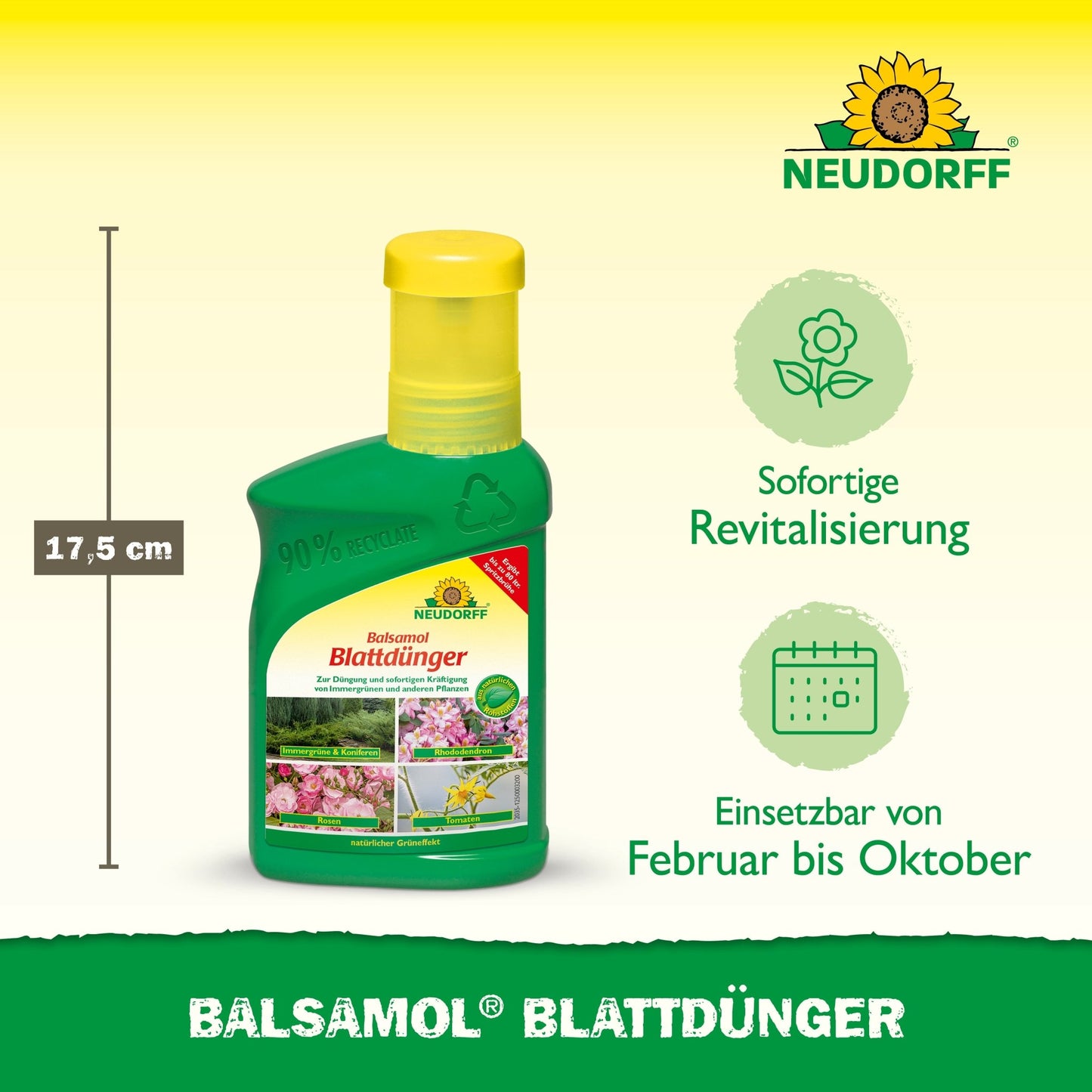 A imagem mostra uma garrafa verde de 17,5 cm de Neudorff Shop Balsamol Fertilizante Foliar. O texto indica que revitaliza as plantas perenes e é adequado para uso de fevereiro a outubro. O logotipo da Neudorff aparece no canto superior direito.