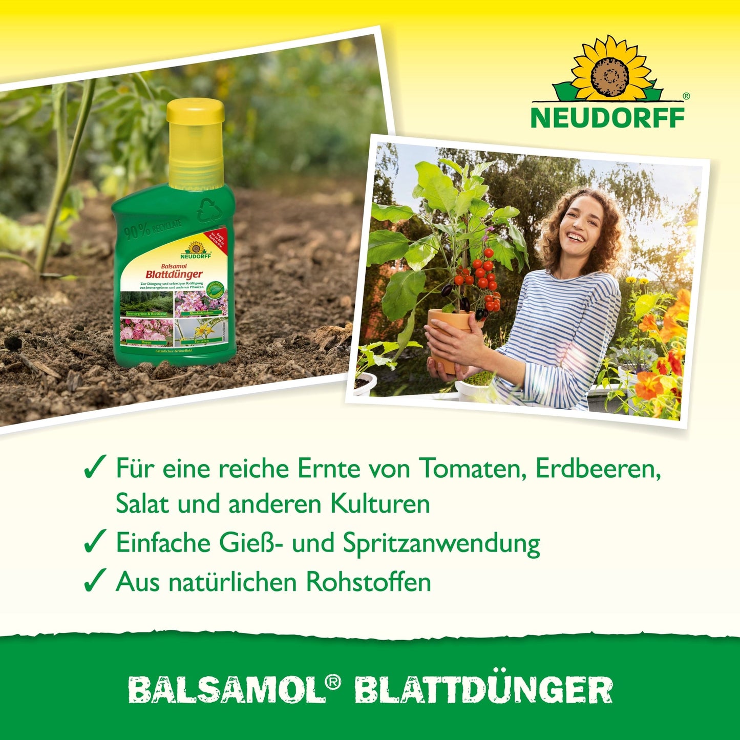 Uma garrafa de Balsamol Fertilizante Foliar do Neudorff Shop é mostrada ao lado de uma mulher sorridente com uma planta de tomate. O texto apresenta os ingredientes naturais e os benefícios para coníferas e outras plantas sobre um fundo amarelo-verde.