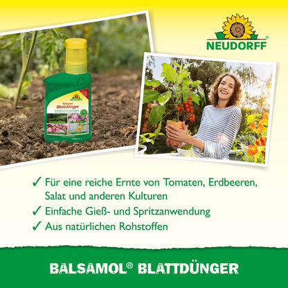 Uma garrafa de Balsamol Fertilizante Foliar do Neudorff Shop é mostrada ao lado de uma mulher sorridente com uma planta de tomate. O texto apresenta os ingredientes naturais e os benefícios para coníferas e outras plantas sobre um fundo amarelo-verde.