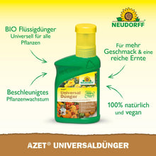 Representada está uma garrafa verde-amarela de Azet UniversalDünger líquido da Neudorff Shop com um texto em alemão que destaca a fórmula biológica e vegana para um crescimento mais rápido das plantas e nutrientes equilibrados para colheitas mais ricas.