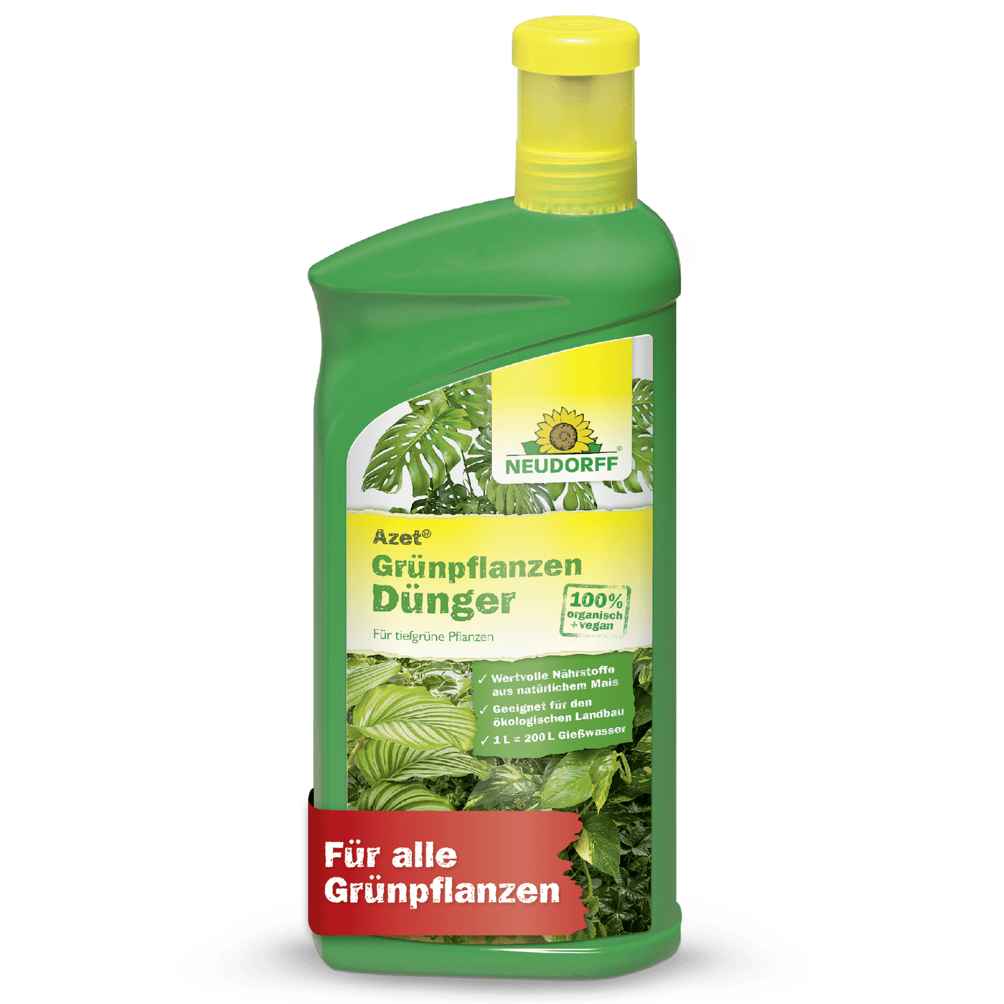 Uma garrafa de plástico verde da Neudorff Shop Azet GrünpflanzenDünger líquido com uma tampa amarela. No rótulo, vê-se plantas verdes exuberantes e um texto em alemão que mostra que é um fertilizante que fornece nutrientes importantes para apoiar plantas verdes saudáveis.