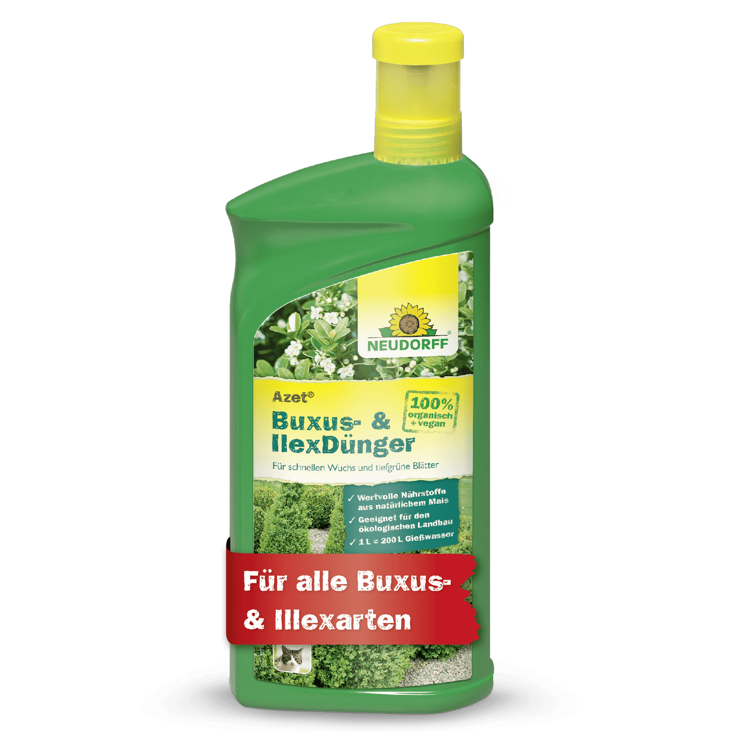 Garrafa de Neudorff Shop Azet Buxus- & IlexDünger líquido de plástico verde com tampa amarela, ideal para plantas perenes em vasos. No rótulo estão plantas verdes e uma inscrição vermelha: "Para todas as espécies de buxos e azevinho."