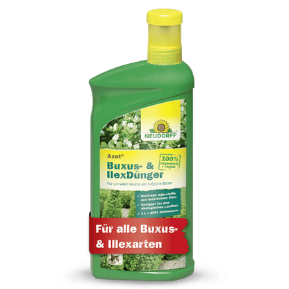Garrafa de Neudorff Shop Azet Buxus- & IlexDünger líquido de plástico verde com tampa amarela, ideal para plantas perenes em vasos. No rótulo estão plantas verdes e uma inscrição vermelha: "Para todas as espécies de buxos e azevinho."