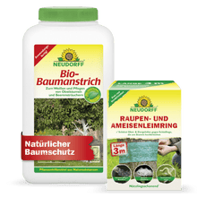 O conjunto de proteção de árvores Neudorff Shop destaca-se pela sua marca verde-amarela característica. Tanto na garrafa de tinta biológica para árvores quanto na lata de anel adesivo para lagartas e formigas, há motivos de árvores que são protegidos com uma fita adesiva verde.