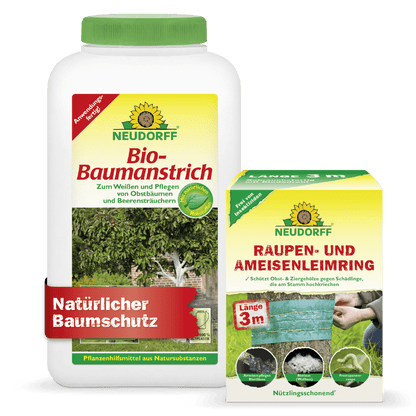 O conjunto de proteção de árvores Neudorff Shop destaca-se pela sua marca verde-amarela característica. Tanto na garrafa de tinta biológica para árvores quanto na lata de anel adesivo para lagartas e formigas, há motivos de árvores que são protegidos com uma fita adesiva verde.
