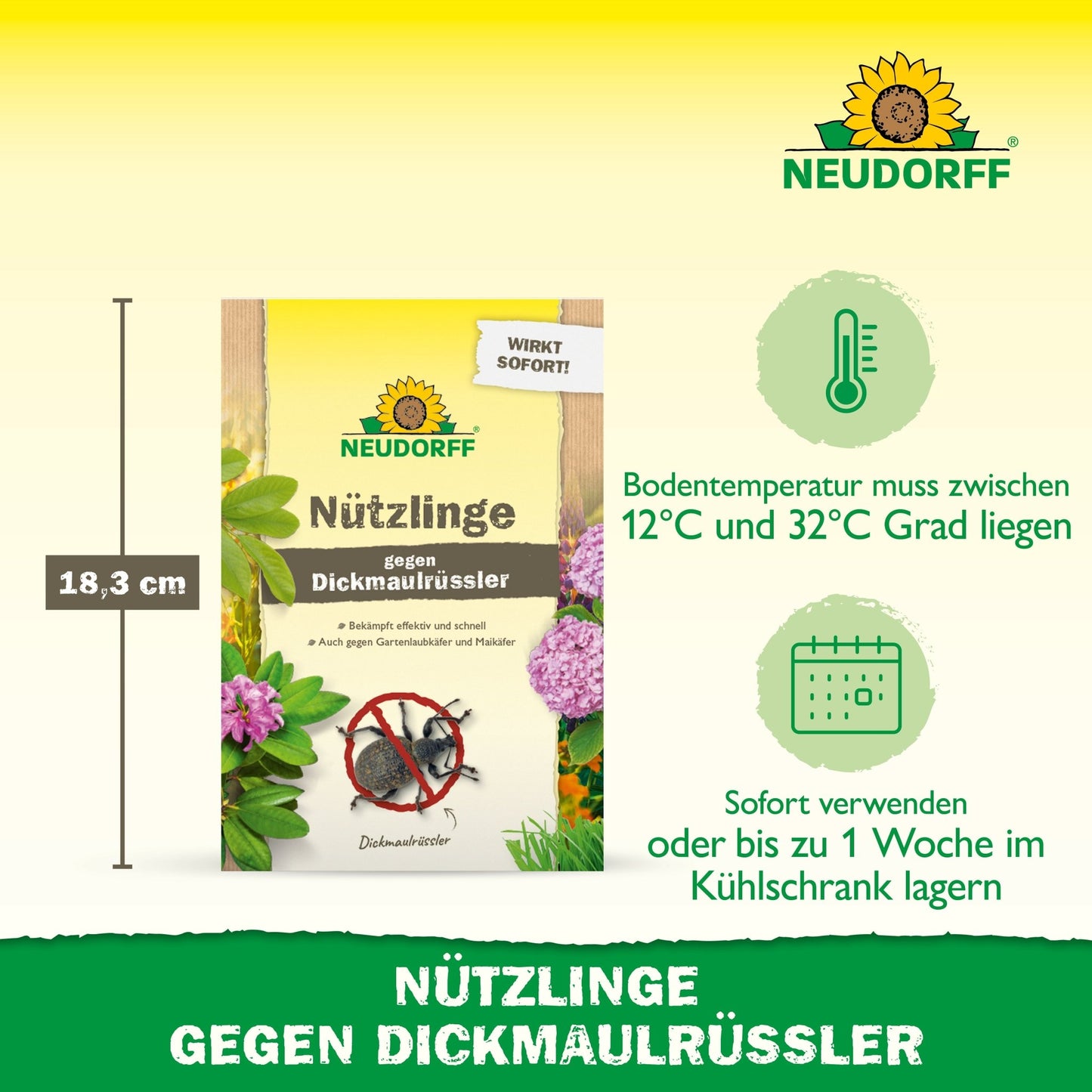 A imagem mostra uma embalagem "Nützlinge contra Dickmaulrüssler" da Neudorff Shop, onde são indicadas a altura de 18,3 cm, a temperatura do solo necessária e as instruções de uso para este controle de pragas natural à base de nemátodos.