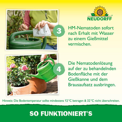 Uma pessoa mistura Nützlinge contra Dickmaulrüssler da Neudorff Shop com água em um regador verde para combater larvas e despeja a solução no solo. A imagem mostra instruções e informações em alemão.