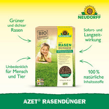 Azet RasenDünger 2,5-5 kg do Neudorff Shop está ilustrado; textos em verde destacam "100% ingredientes naturais" e "Efeito imediato e de longa duração" para uma área de relva densa em fundo amarelo-verde.